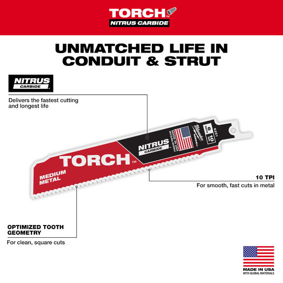 6" 10 TPI TORCH with NITRUS Carbide Teeth SAWZALL Blade for Conduit and Strut, 1-Pack image number 2